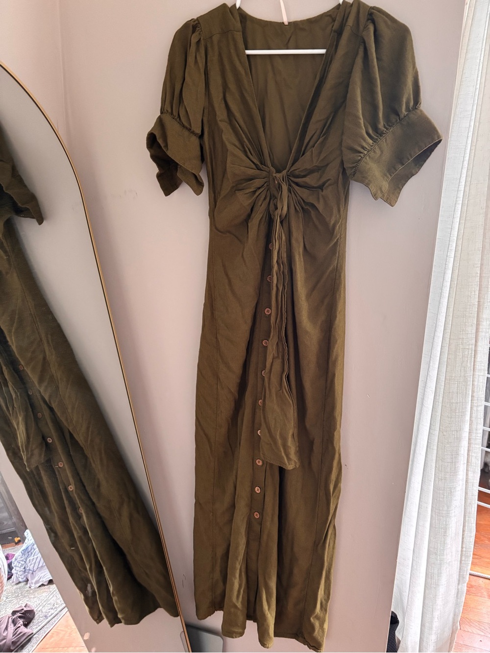 Olive Green FP Vintage Summer Button-Front MIDI Dress
